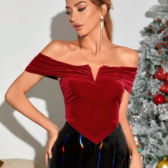 Shein NWOT Velvet Ruched Bardot Crop Top - Picture 1 of 4